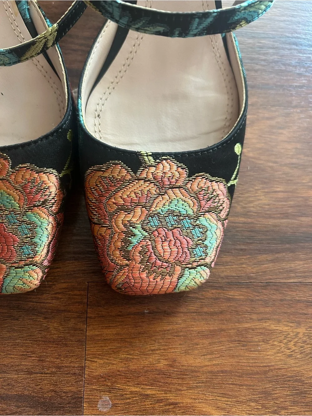 Zara Black Embroidered Floral Slingback Heels with Teal and Orange Accents